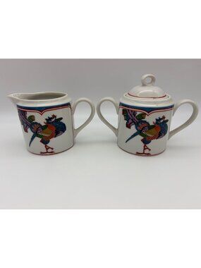 Georges Briard Oriental Peacock Japan Sugar Creamer Set Porcelain MCM Bird Decor